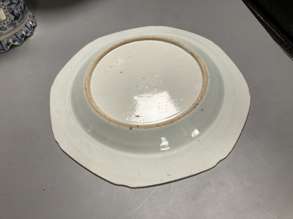 A Chinese famille rose dessert dish, 27cm, assorted Chinese blue and white porcelain and a delft ware hanging candle lantern, 26cm